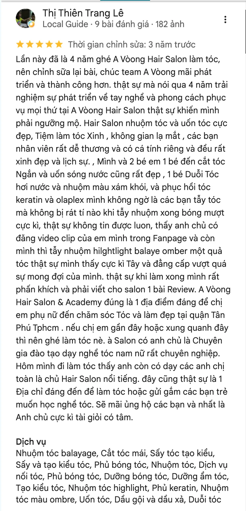 Đánh giá 5 sao của Lê Thị Thiên Trang về A Vòong Hair Salon & Academy: “Stylist tư vấn kiểu hợp dáng mặt, tóc lên đúng ý. Lần nào đến cũng được chăm sóc nhiệt tình.”