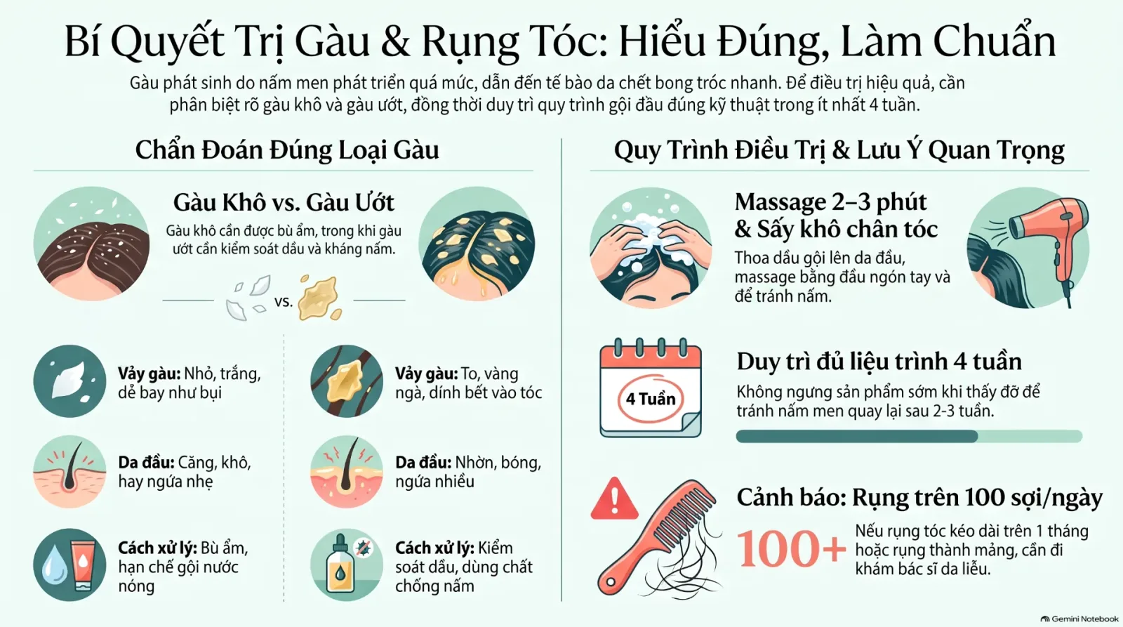 Trị gàu rụng tóc tại nhà: làm đúng cách, biết khi nào cần khám